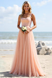 Blush Tulle Spaghetti Straps A Line Long Bridesmaid Dress