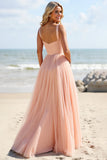Blush Tulle Spaghetti Straps A Line Long Bridesmaid Dress