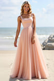 Blush Tulle Spaghetti Straps A Line Long Bridesmaid Dress