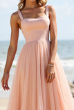 Blush Tulle Spaghetti Straps A Line Long Bridesmaid Dress
