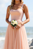Blush Tulle Spaghetti Straps A Line Long Bridesmaid Dress