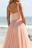 Blush Tulle Spaghetti Straps A Line Long Bridesmaid Dress