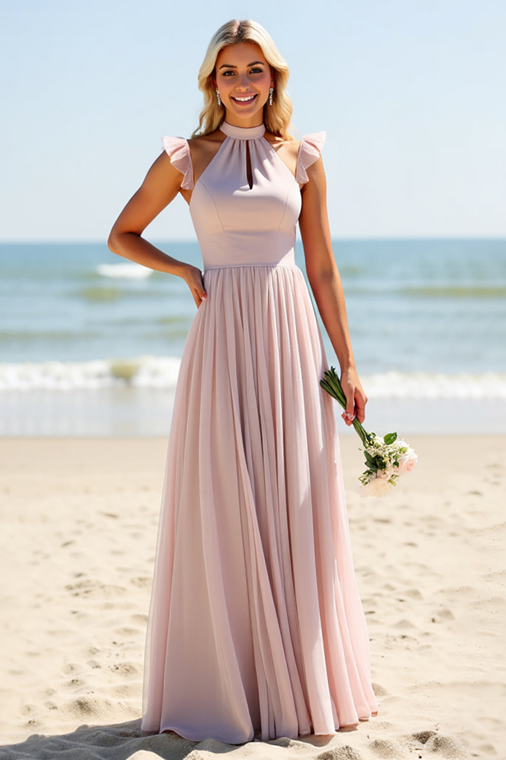 LVNES Women Halter Candy Pink Bridesmaid Dress A Line Long Wedding Guest Dress with Hollow Out Lvnes LVNES Women Halter Candy Pink Bridesmaid Dress A Line Long Wedding Guest Dress with Hollow Out Lvnes