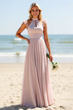 Candy Pink Halter Keyhole Tulle A Line Long Bridesmaid Dress