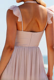 Candy Pink Halter Keyhole Tulle A Line Long Bridesmaid Dress
