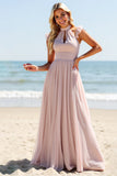 Candy Pink Halter Keyhole Tulle A Line Long Bridesmaid Dress