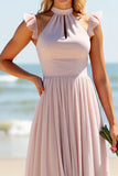 Candy Pink Halter Keyhole Tulle A Line Long Bridesmaid Dress