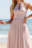 Candy Pink Halter Keyhole Tulle A Line Long Bridesmaid Dress