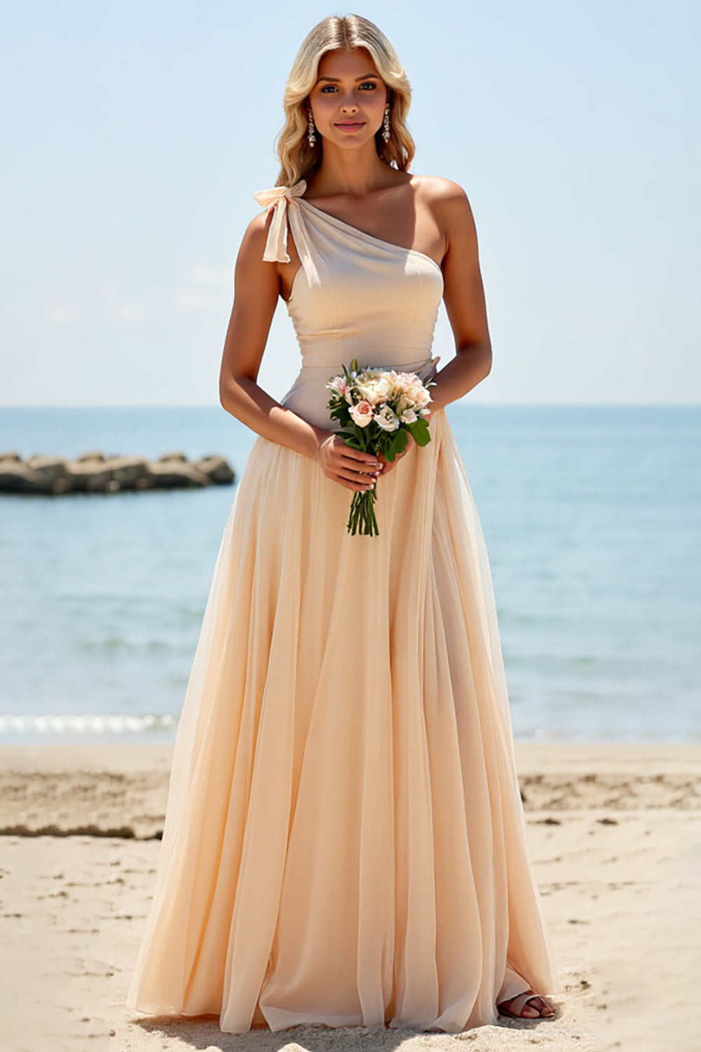 LVNES Women Apricot Chiffon Bridesmaid Dress A Line One Shoulder Long Wedding Guest Dress Lvnes LVNES Women Apricot Chiffon Bridesmaid Dress A Line One Shoulder Long Wedding Guest Dress Lvnes