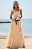 Apricot One Shoulder Tulle A Line Long Bridesmaid Dress