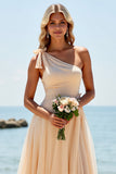 Apricot One Shoulder Tulle A Line Long Bridesmaid Dress