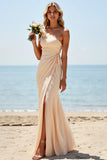 Apricot One Shoulder Ruched Mermaid Long Bridesmaid Dress With Slit