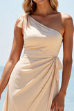 Apricot One Shoulder Ruched Mermaid Long Bridesmaid Dress With Slit