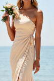 Apricot One Shoulder Ruched Mermaid Long Bridesmaid Dress With Slit