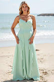 A Line Chiffon Mint Green Long Bridesmaid Dress with Ruffles