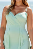 A Line Chiffon Mint Green Long Bridesmaid Dress with Ruffles