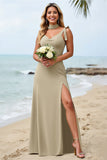 Olive Spaghetti Straps Satin A Line Long Bridesmaid Dress With Slit