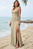 Olive Sheath A Line Bridesmaid Dress with Slit