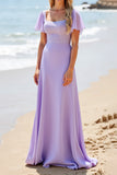 Lilac Square Neck A Line Long Bridesmaid Dress