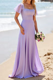 Lilac A Line Flutter Sleeves Chiffon Bridesmaid Dress with Beading