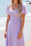 Lilac A Line Flutter Sleeves Chiffon Bridesmaid Dress with Beading