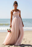 Candy Pink Spaghetti Straps Tulle A Line Long Bridesmaid Dress With Slit