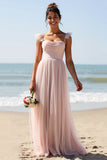 Candy Pink Spaghetti Straps Tulle A Line Long Bridesmaid Dress With Slit