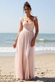 Candy Pink Spaghetti Straps A Line Bridesmaid Dress with Slit