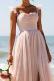 Candy Pink Spaghetti Straps A Line Bridesmaid Dress with Slit