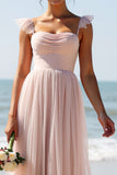Candy Pink Spaghetti Straps A Line Bridesmaid Dress with Slit