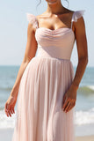 Candy Pink Spaghetti Straps Tulle A Line Long Bridesmaid Dress With Slit