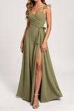 Olive Chiffon A Line Spaghetti Straps Bridesmaid Dress with Slit