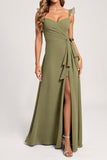 Olive Ruched Spaghetti Straps A Line Long Bridesmaid Dress With Slit