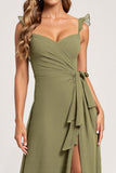 Olive Chiffon A Line Spaghetti Straps Bridesmaid Dress with Slit