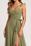 Olive Ruched Spaghetti Straps A Line Long Bridesmaid Dress With Slit