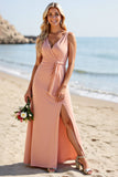 Blush V Neck A Line Long Bridesmaid Dress With Slit