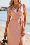 Blush V Neck A Line Long Bridesmaid Dress With Slit