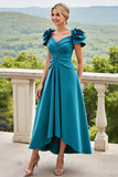 Peacock Blue Asymmetrical A Line Midi Mother Of The Bride Dress With 3D Flowers