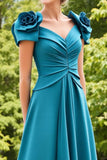 Peacock Blue Asymmetrical A Line Midi Mother Of The Bride Dress With 3D Flowers