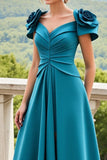 Peacock Blue Asymmetrical A Line Midi Mother Of The Bride Dress With 3D Flowers