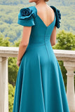 Peacock Blue Asymmetrical A Line Midi Mother Of The Bride Dress With 3D Flowers