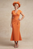 Orange Mermaid Midi Ruched Mother Of The Bride Dress