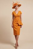 Orange Bodycon Midi Ruched Mother Of The Bride Dress With Streamer