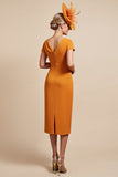 Orange Bodycon Midi Ruched Mother Of The Bride Dress With Streamer