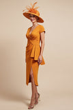 Orange Bodycon Midi Ruched Mother Of The Bride Dress With Streamer