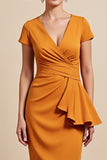 Orange Bodycon Midi Ruched Mother Of The Bride Dress With Streamer