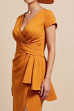 Orange Bodycon Midi Ruched Mother Of The Bride Dress With Streamer