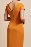 Orange Bodycon Midi Ruched Mother Of The Bride Dress With Streamer