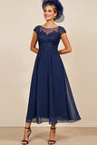 Navy A Line Midi Mother Of The Bride Dress With Appliques