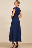 Navy A Line Midi Mother Of The Bride Dress With Appliques